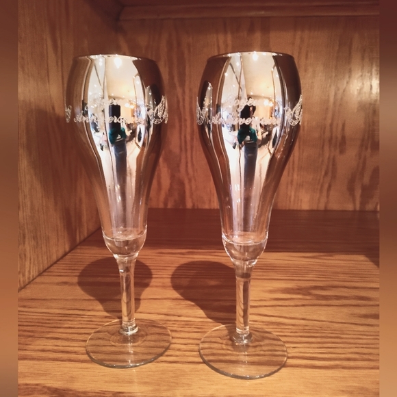 Other - Vintage Happy Anniversary smoked engraved champagne glasses
